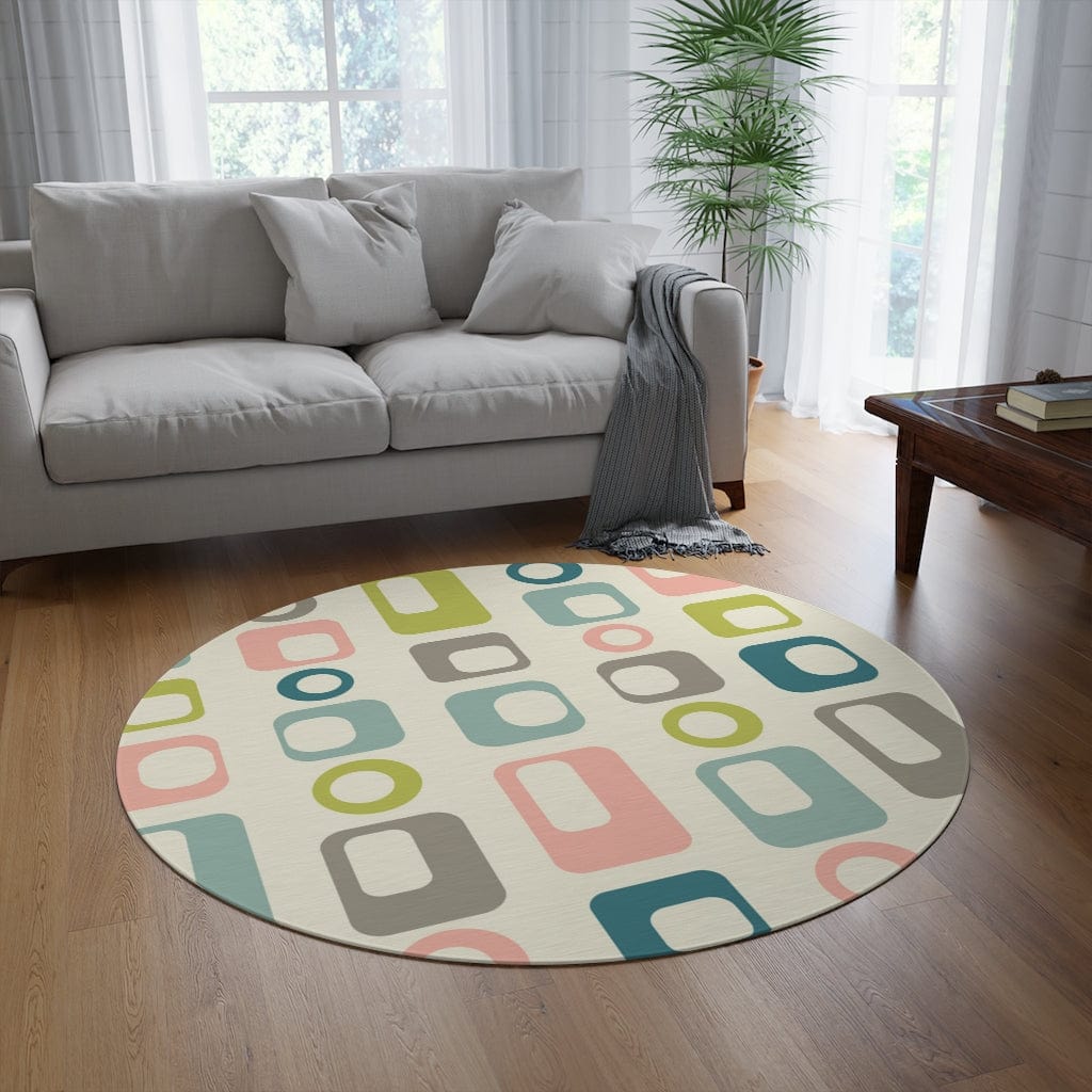 Mid Century Modern Beige, Pink, Mint Green, Teal, MCM Round Area Rug 60&quot; × 60&quot;