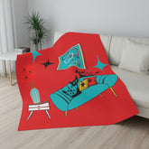 Atomic Cat Art, Cozy Mid Century Modern, Retro Red, Aqua Blue, Teal, Starburst, Black Cat Lover Sherpa Blanket Home Decor 60" × 80"