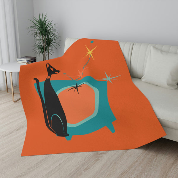Atomic Cat, Mid Century Modern, Bold Orange, Sputnik Diamonds, Retro TV Kitschy MOD Sherpa Blanket