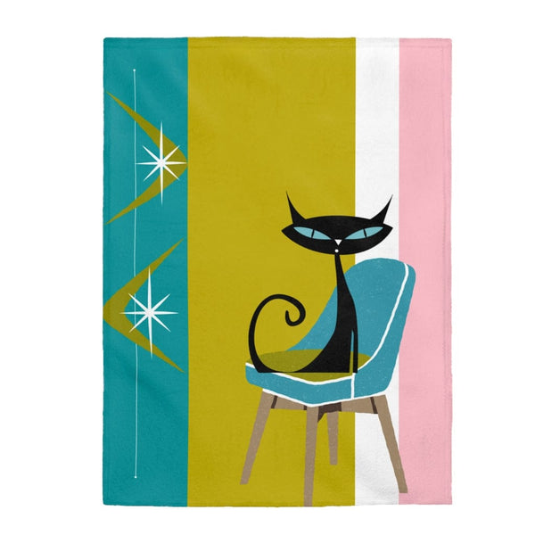 Atomic Cat Retro Mid Century Mod Teal, Green, Pink, White Velveteen Cozy Thin Blanket Throw