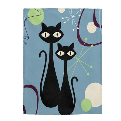 MCM Atomic Cat, Atomic Boomerang, Him and Her Mid Century Modern THIN Velveteen Cozy Warm Blanket Gift All Over Prints 60&quot; × 80&quot;