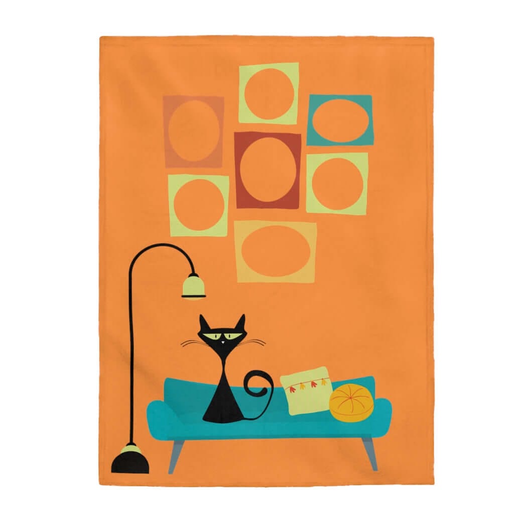 Mid Century Atomic Cat On Couch Geometric Design Orange THIN Velveteen Blanket All Over Prints 60&quot; × 80&quot;