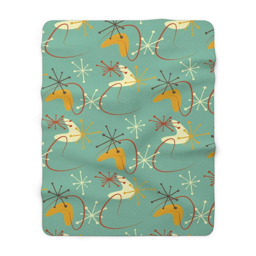 Mid Century Modern Atomic Boomerang Retro Blanket, Mint Green, Rust, Cream Cozy Sherpa Fleece Home Decor 60" × 80"