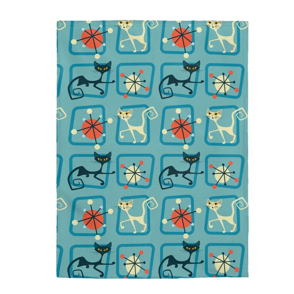 Mid Century Modern Atomic Cat, Denim Blue, Geometric, Abstract THIN Velveteen Plush Blanket All Over Prints 60&quot; × 80&quot;