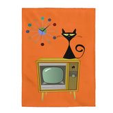 Mid Century Modern TV, Atomic Cat  And Retro Starburst Clock THIN Velveteen Throw Blanket All Over Prints 60" × 80"