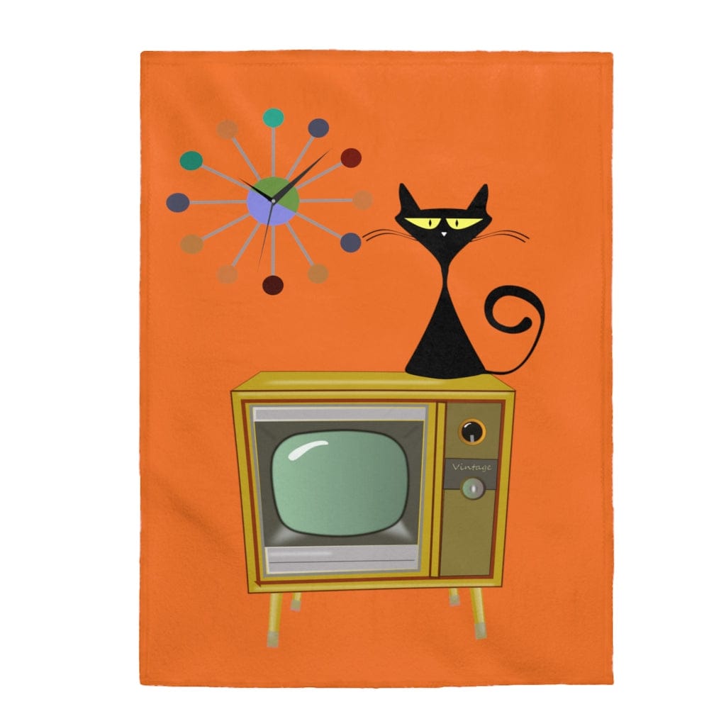 Mid Century Modern TV, Atomic Cat  And Retro Starburst Clock THIN Velveteen Throw Blanket All Over Prints 60&quot; × 80&quot;