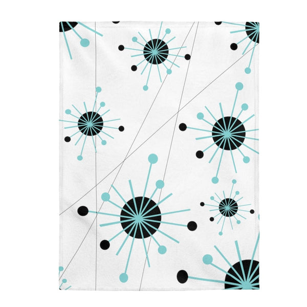 Mid Century Modern White Franciscan Starburst, Aqua, Black THIN MID Mod Vintage Retro Velveteen Plush Blanket