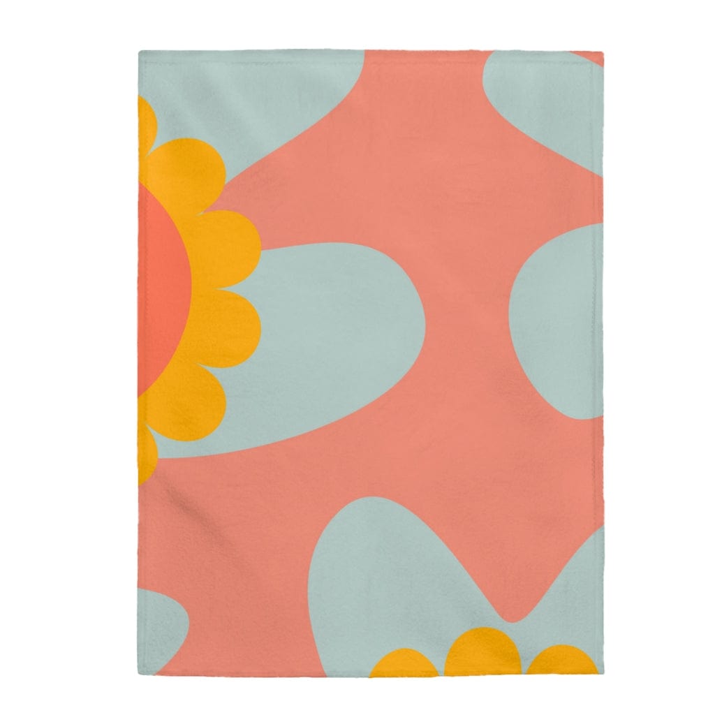 Mid Mod, Flower Power, Abstract Coral, Blue THIN MCM Velveteen Plush Blanket All Over Prints 60&quot; × 80&quot;