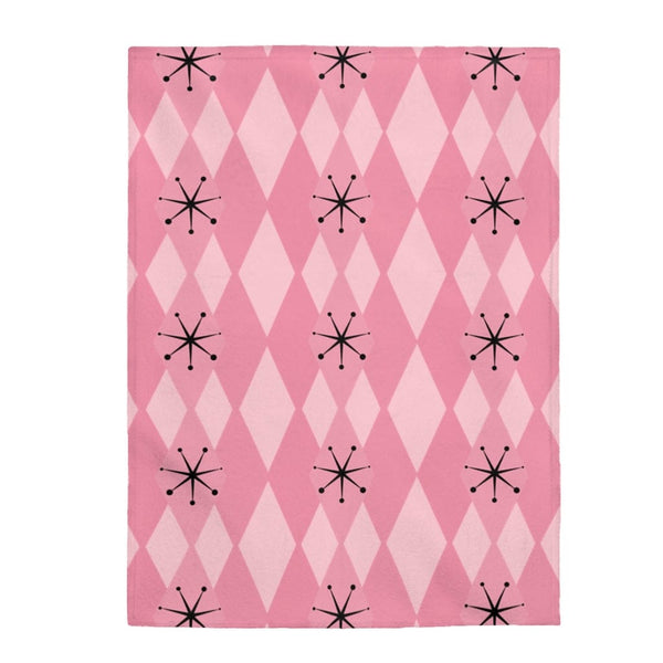 Retro Blanket Pink Atomic Age Starburst Diamonds Mid Century Modern MCM Home Decor Velveteen THIN Plush Blanket