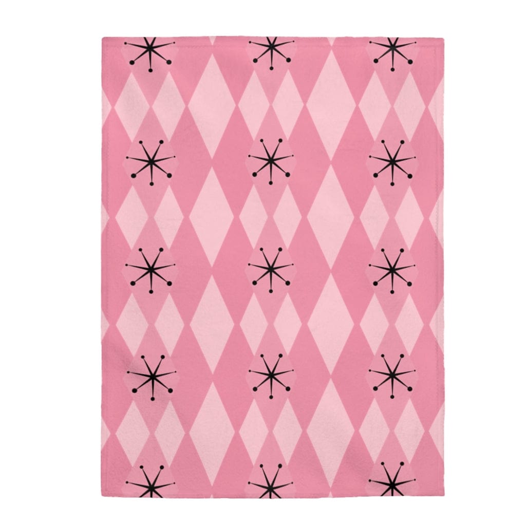 Retro Blanket Pink Atomic Age Starburst Diamonds Mid Century Modern MCM Home Decor Velveteen THIN Plush Blanket All Over Prints 60&quot; × 80&quot;