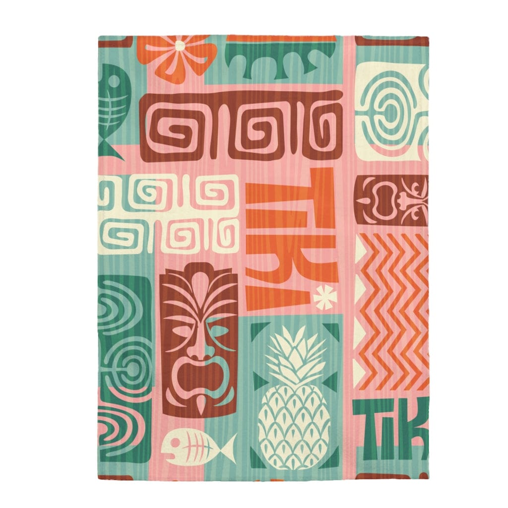 Retro Throw Blanket, Tiki, Teal, Pink, Orange Retro Funky Fun Floral Tiki Velveteen Plush Blanket All Over Prints 60&quot; × 80&quot;