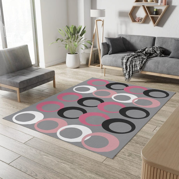 Mid Modernist, Gray, Pink, Black, White, Geometric Retro Circles, Mid Century Modern MCM Home Decor Area Rug