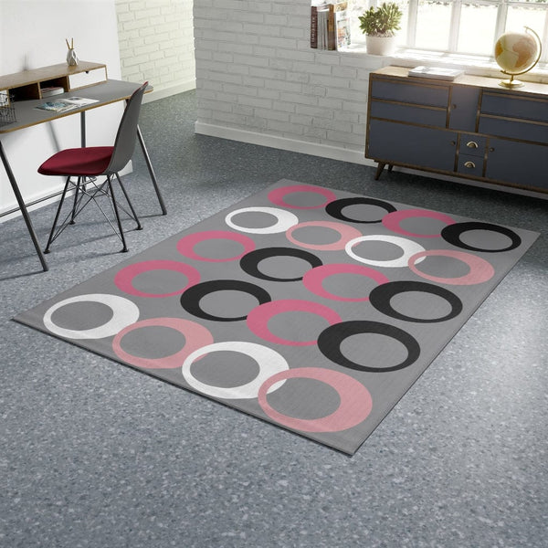 Mid Modernist, Gray, Pink, Black, White, Geometric Retro Circles, Mid Century Modern MCM Home Decor Area Rug