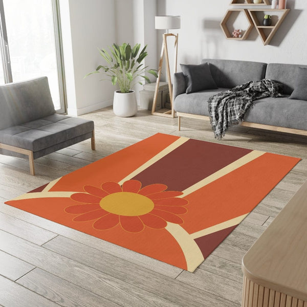 Retro 60's 70's. Mod Flower, Brown, Orange, Yellow, MCM Groovy Sunburst, Mid Century Modern Area Rug