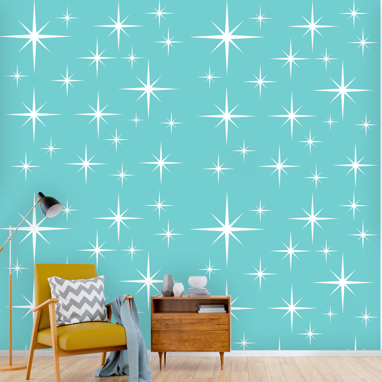 Atomic 50s Starbursts Aqua And White, Mid Century Modern Removeable Peel And Stick Wall Murals