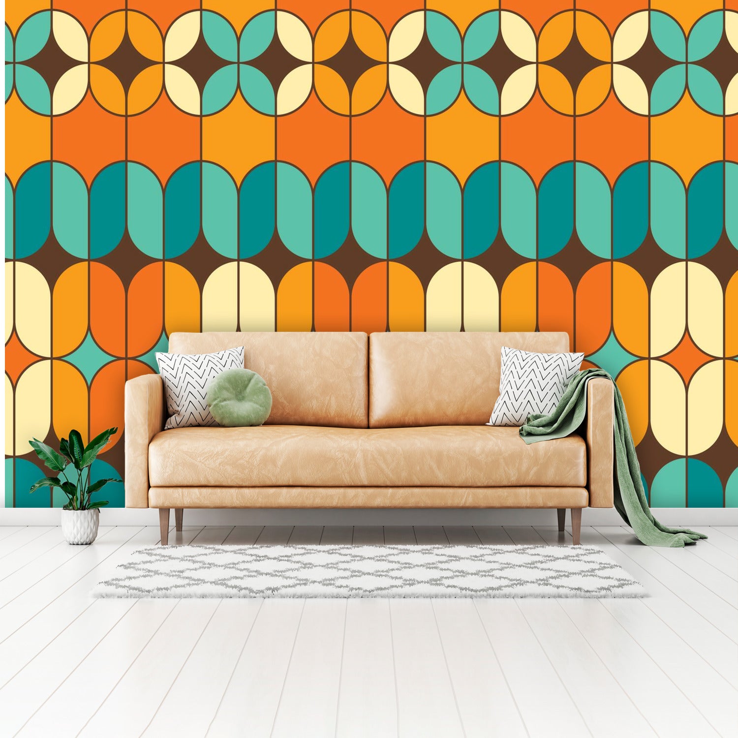 Mid Century Modern Peel And Stick Wallpaper, Orange, Teal Blue, Geometric Groovy 70s Wall Murals