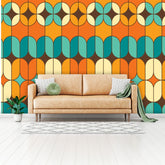 Mid Century Modern Peel And Stick Wallpaper, Orange, Teal Blue, Geometric Groovy 70s Wall Murals - Mid Century Modern Gal