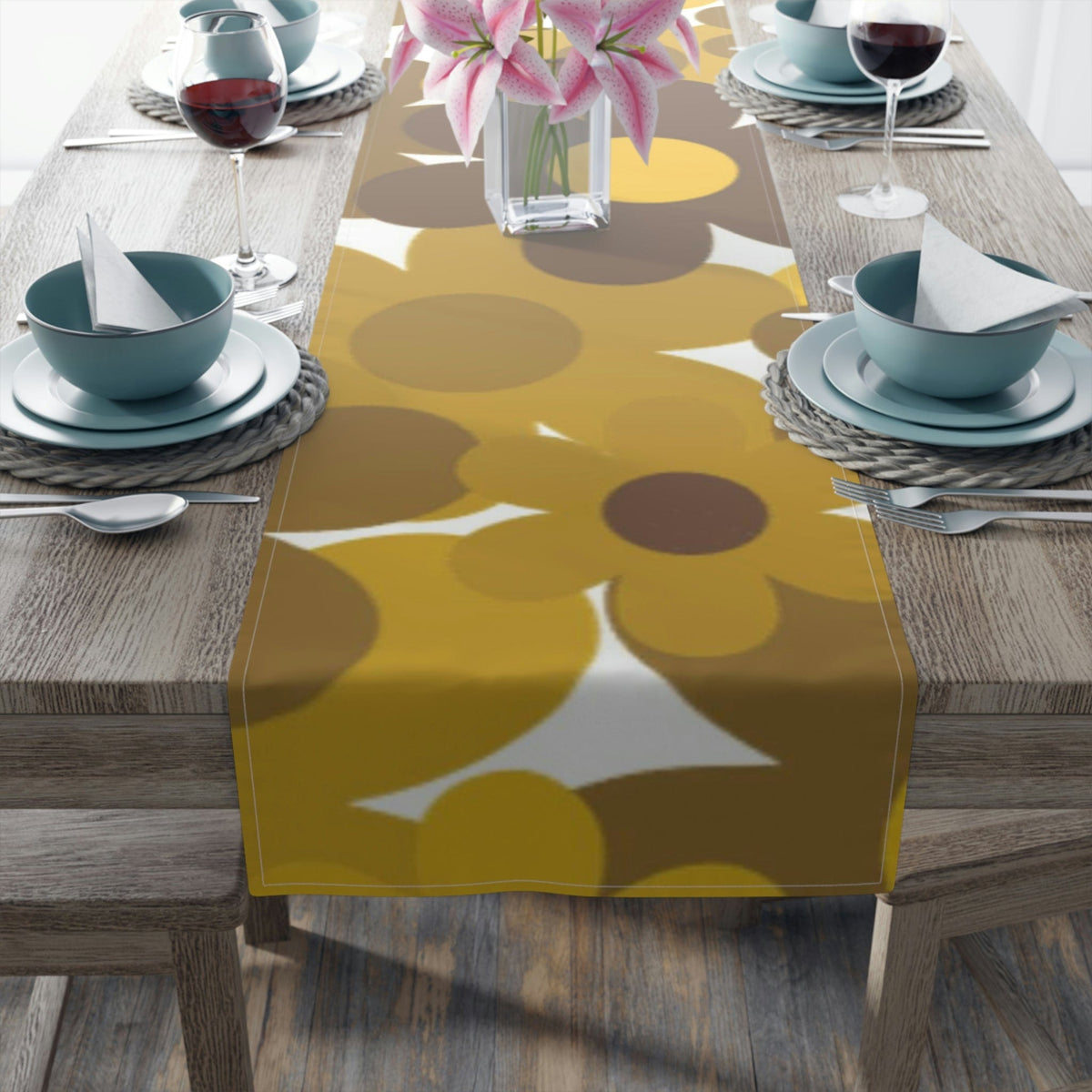 70's Flower Power, Harvest Gold, Retro Daisy, Groovy Trendy Table Runner Home Decor