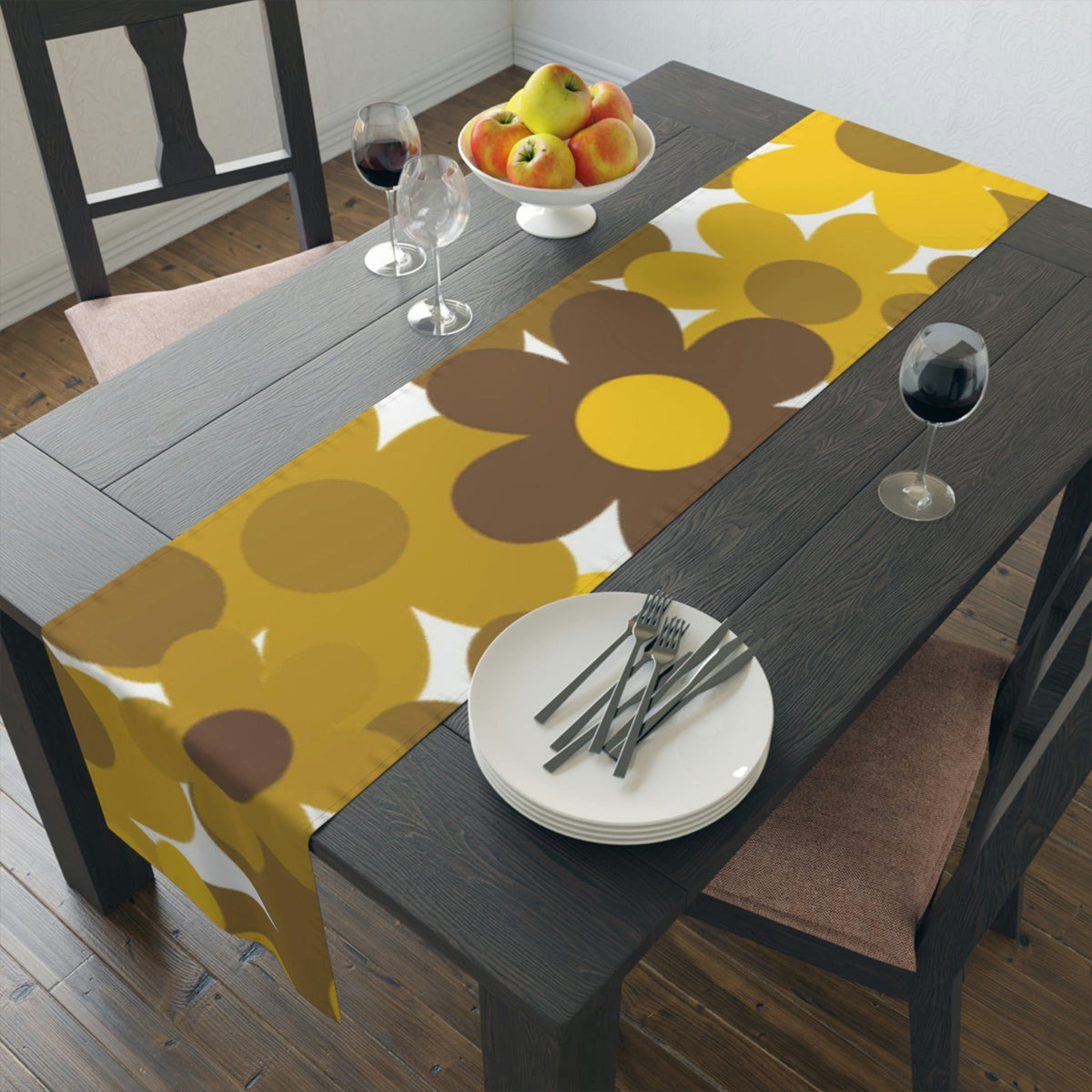70's Flower Power, Harvest Gold, Retro Daisy, Groovy Trendy Table Runner Home Decor