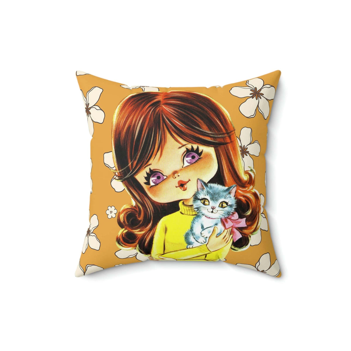 70's Flower Power Pillow, Big Eyed, Violet, Brown Reddish Auburn Hair, Sweet Days Of the 70's Retro Pillow COVER Home Decor