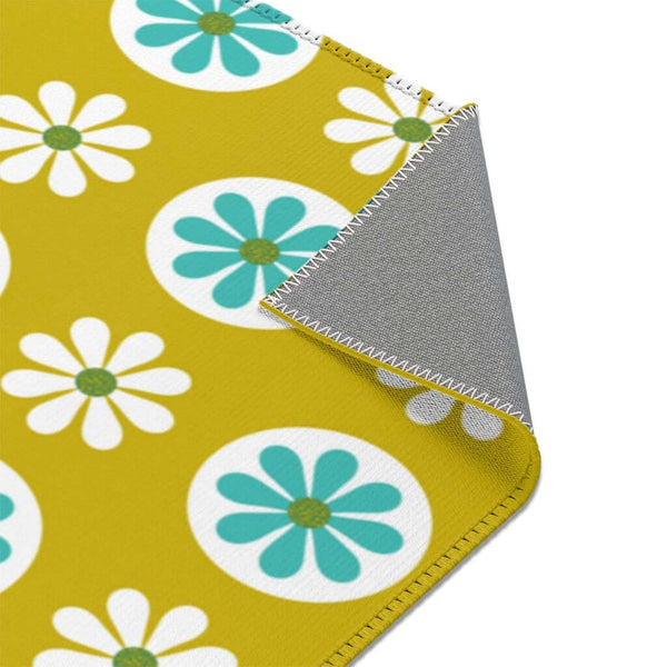 70's Mod Daisy Retro Floral White, Turquoise Blue, Lime Green Mid Century Area Rugs