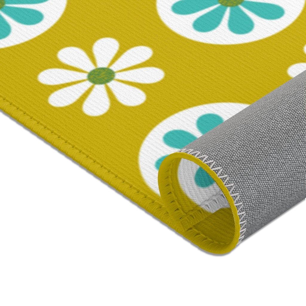 70's Mod Daisy Retro Floral White, Turquoise Blue, Lime Green Mid Century Area Rugs Home Decor