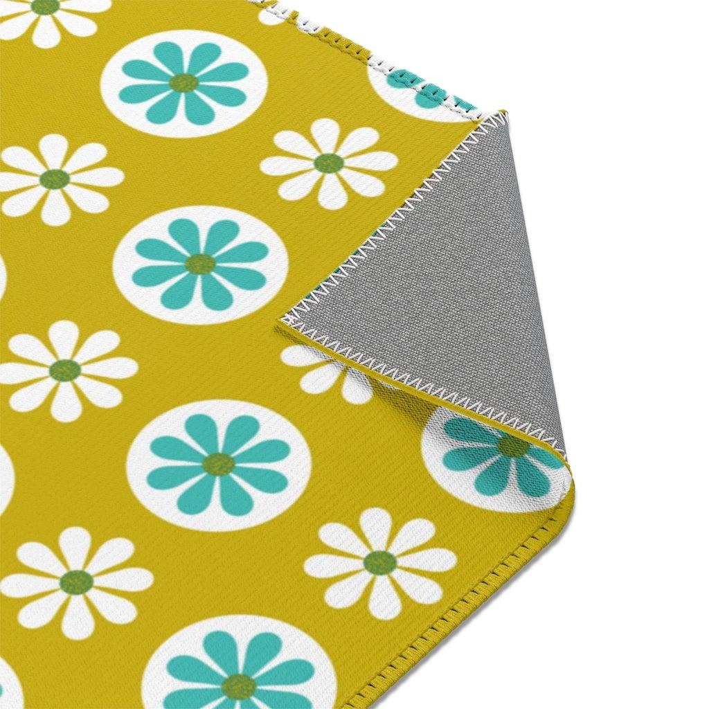 70's Mod Daisy Retro Floral White, Turquoise Blue, Lime Green Mid Century Area Rugs Home Decor