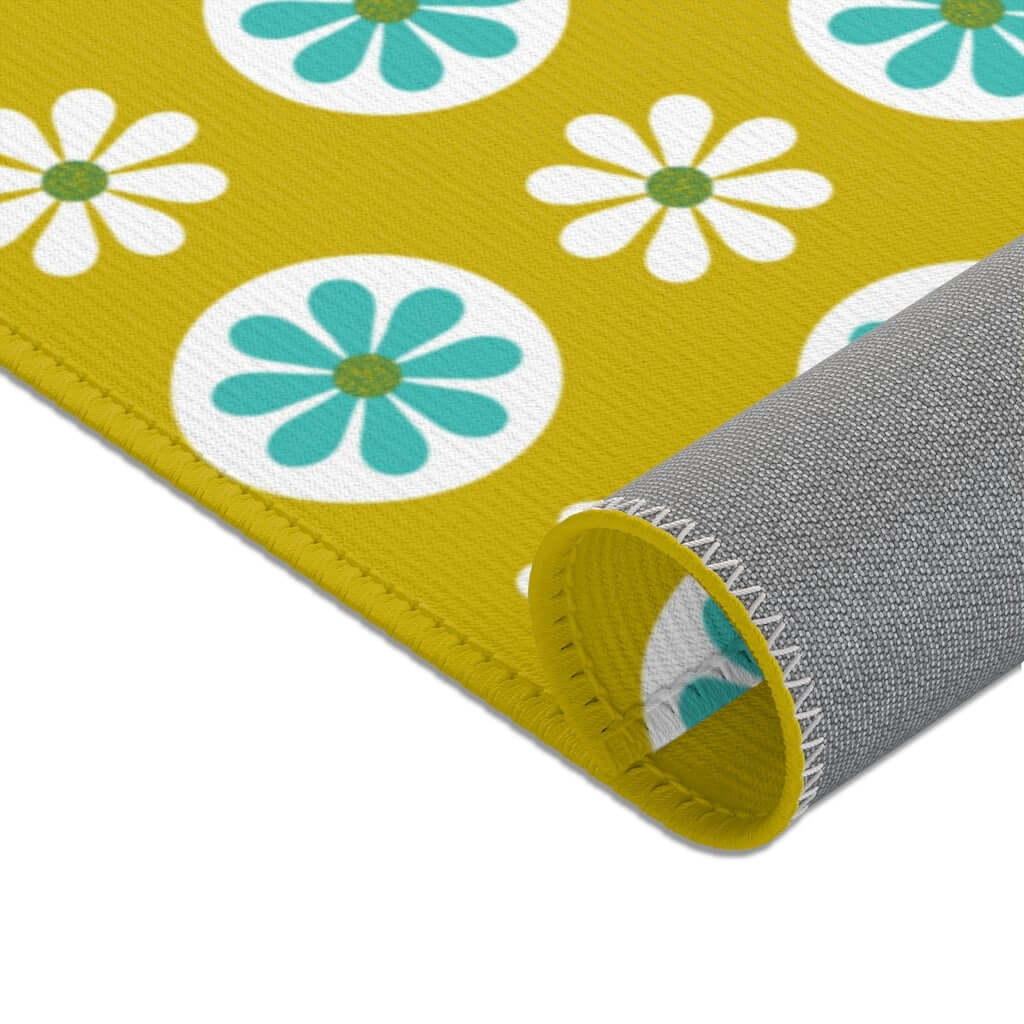 70's Mod Daisy Retro Floral White, Turquoise Blue, Lime Green Mid Century Area Rugs Home Decor