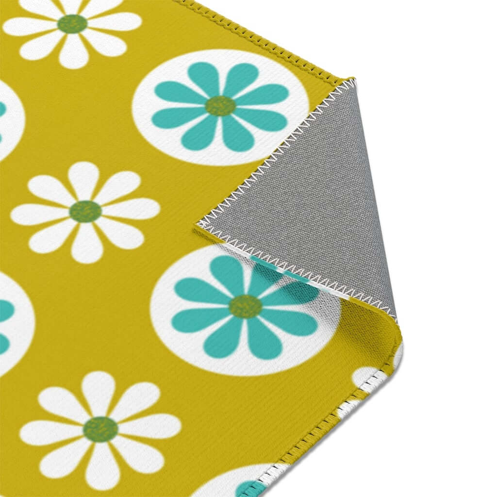 70's Mod Daisy Retro Floral White, Turquoise Blue, Lime Green Mid Century Area Rugs Home Decor