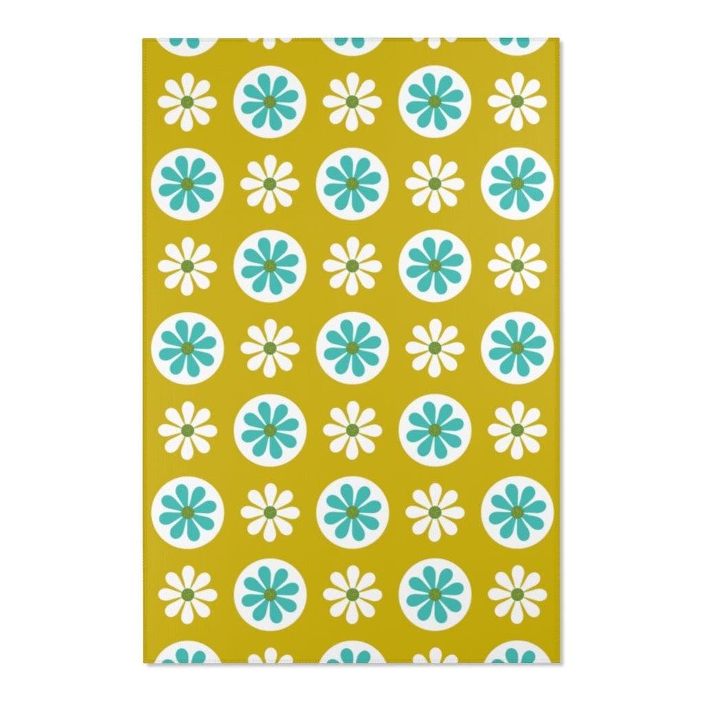 70's Mod Daisy Retro Floral White, Turquoise Blue, Lime Green Mid Century Area Rugs Home Decor
