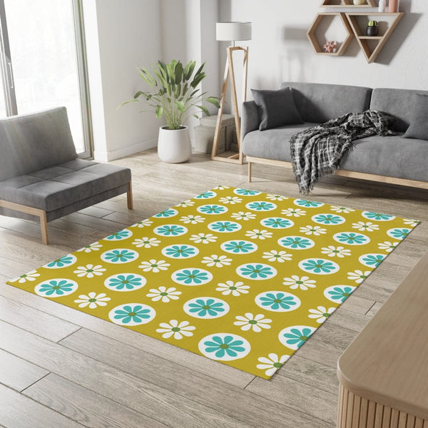 70's Mod Daisy Retro Floral White, Turquoise Blue, Lime Green Mid Century Area Rugs