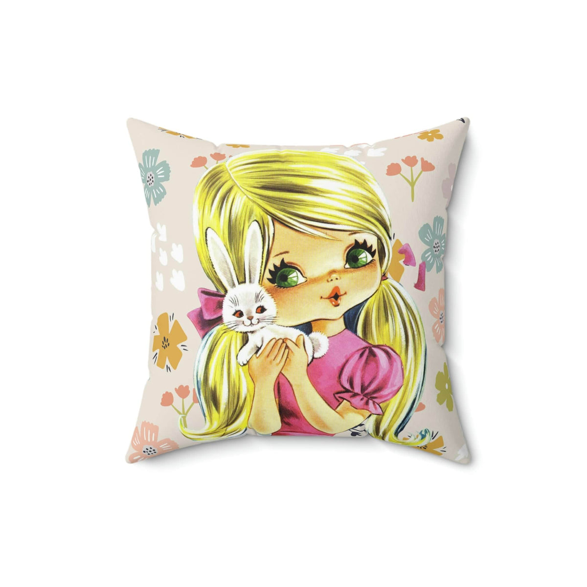 70's Retro Pillow, Blonde Hair, Big Green Eyes, Pretty Girl, Flower Power, Groovy Flowers, Girl With Bunny, Sweet, Simple Pillow COVER Home Decor