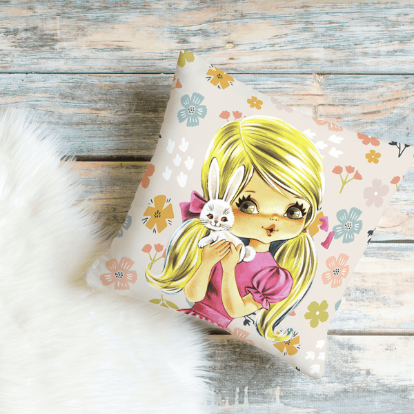 70's Retro Pillow, Blonde Hair, Big Green Eyes, Pretty Girl, Flower Power, Groovy Flowers, Girl With Bunny, Sweet, Simple Pillow COVER
