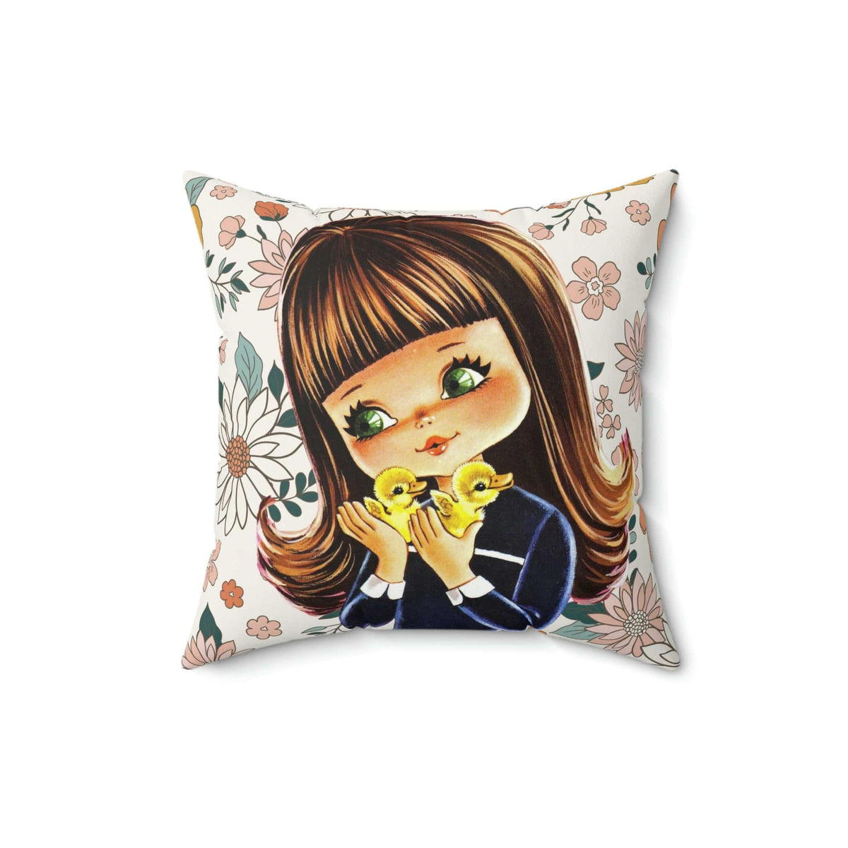 70's Retro Pillow, Brown Hair, Big Eyes, Flower Power, Baby Ducklings, 1970's Home Decor Pillow Case Home Decor