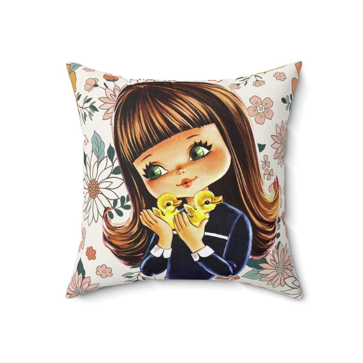 70's Retro Pillow, Brown Hair, Big Eyes, Flower Power, Baby Ducklings, 1970's Home Decor Pillow Case Home Decor