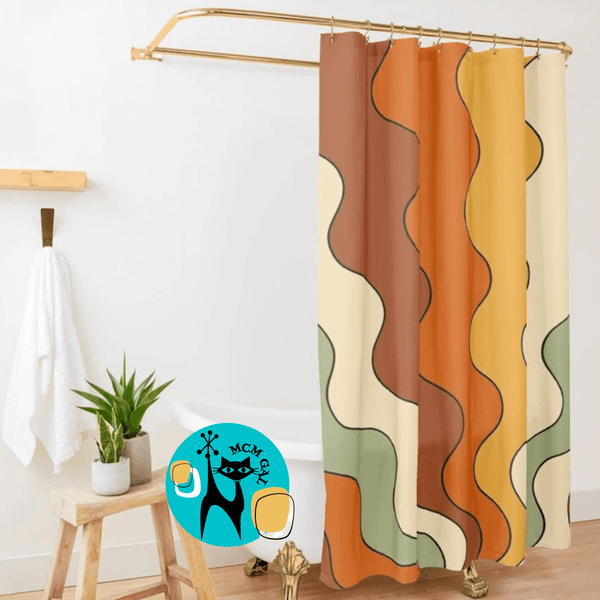 70's Groovy Wave Hipster, Orange, Green, Yellow, Beige, Rust, Mid Mod Shower Curtain