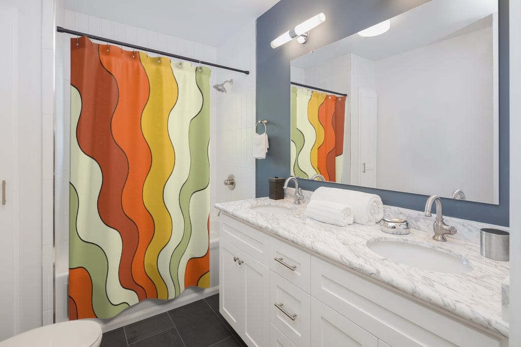70's Groovy Wave Hipster, Orange, Green, Yellow, Beige, Rust, Mid Mod Shower Curtain Home Decor 71" × 74"