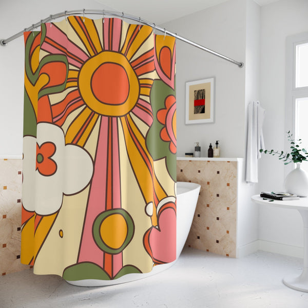 70s Retro Curtain, Funky, Bright Sunshine Mid Century Modern Hippie, Orange, Yellow Shower Curtains
