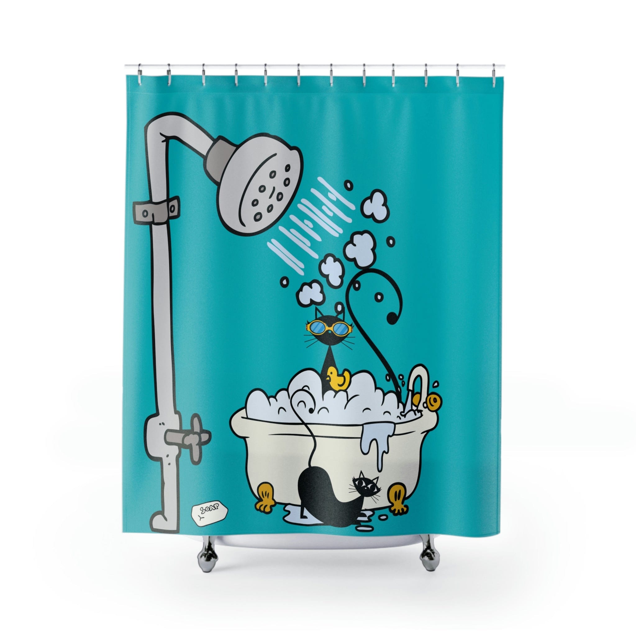 Atomic Cat, Aqua Blue, Retro Shower Curtain, Whimsical, Cute Mid Century Modern Bathroom Decor Home Decor 71&quot; × 74&quot;