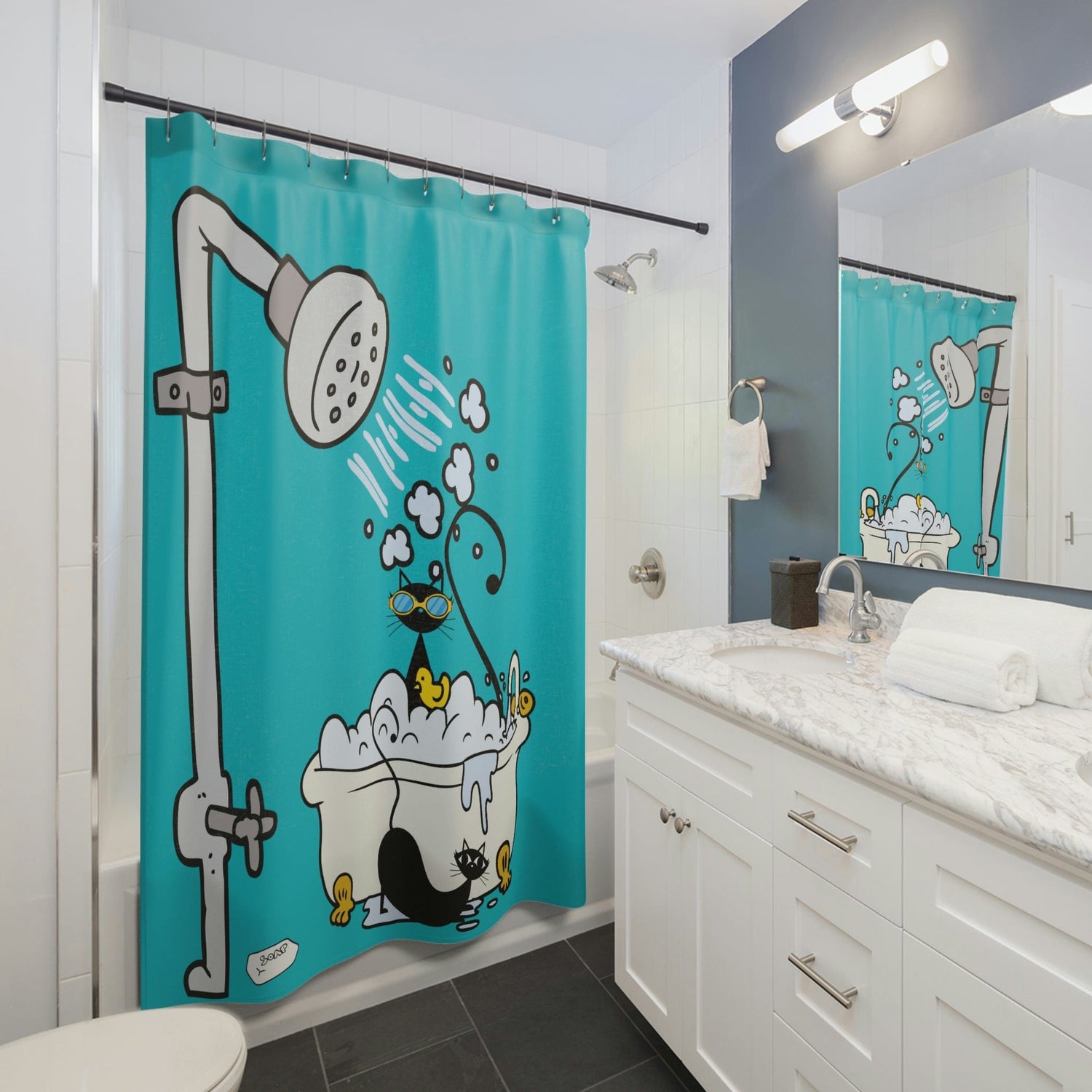 Atomic Cat, Aqua Blue, Retro Shower Curtain, Whimsical, Cute Mid Century Modern Bathroom Decor Home Decor 71&quot; × 74&quot;