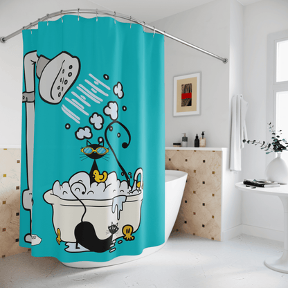 Atomic Cat, Aqua Blue, Retro Shower Curtain, Whimsical, Cute Mid Century Modern Bathroom Decor Home Decor 71&quot; × 74&quot;