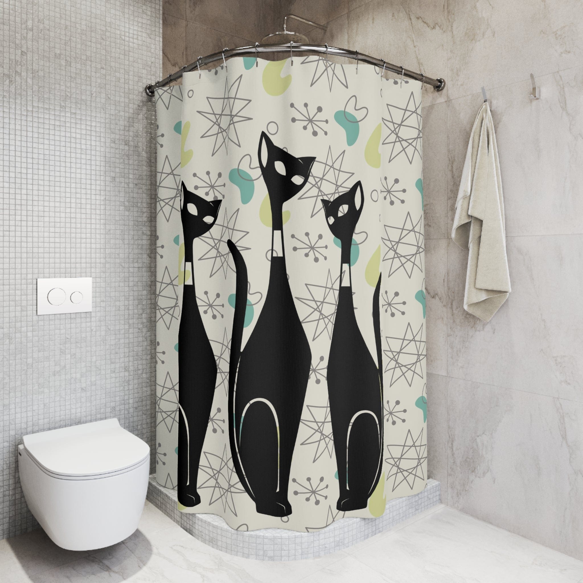 Atomic Cat Art, Mid Century Modern Shower Curtain, Beige, Franciscan Starburst Retro Bath Decor Home Decor 71&quot; × 74&quot;