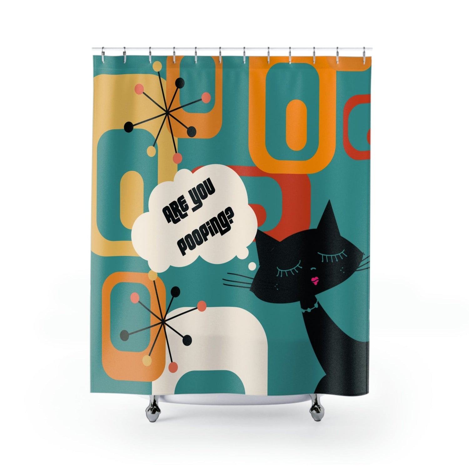 Atomic Cat, Funny Bathroom Cat Art, Are You Pooping Shower Curtain, Mid Century Modern Teal, Geometric, Starburst Polyester Shower Curtain Home Decor 71&quot; × 74&quot;