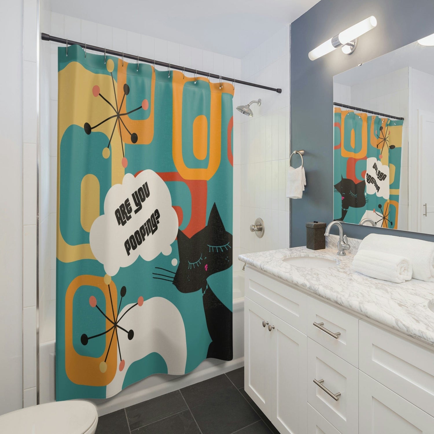 Atomic Cat, Funny Bathroom Cat Art, Are You Pooping Shower Curtain, Mid Century Modern Teal, Geometric, Starburst Polyester Shower Curtain Home Decor 71&quot; × 74&quot;