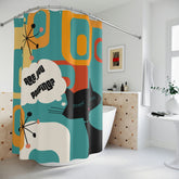 Atomic Cat, Funny Bathroom Cat Art, Are You Pooping Shower Curtain, Mid Century Modern Teal, Geometric, Starburst Polyester Shower Curtain Home Decor 71" × 74" Mid Century Modern Gal