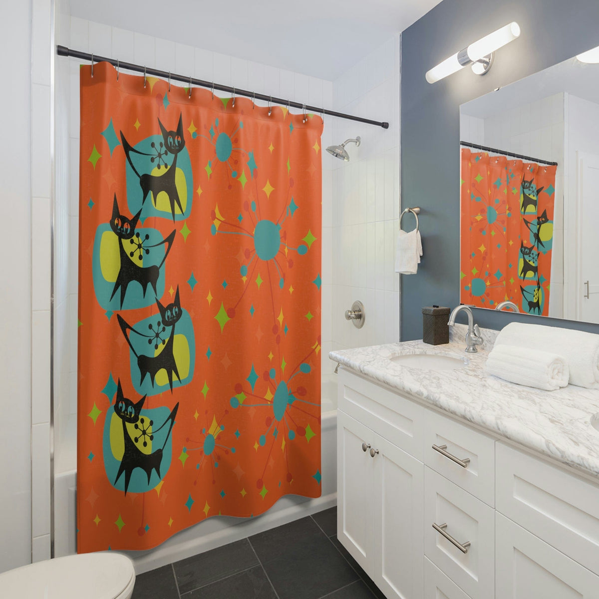 Atomic Cat, Mid Century Modern, Starburst, Retro Orange, Teal, Yellow, FUN and Funky Pop Of Atomic 50's Home Living Bathroom Shower Curtain Home Decor 71" × 74"