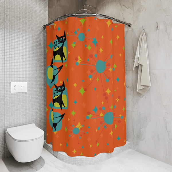 Atomic Cat, Mid Century Modern, Starburst, Retro Orange, Teal, Yellow, FUN and Funky Pop Of Atomic 50's Home Living Bathroom Shower Curtain