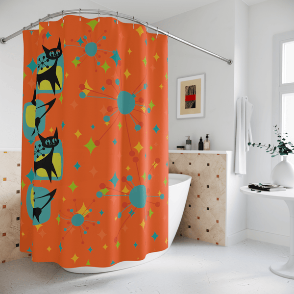 Atomic Cat, Mid Century Modern, Starburst, Retro Orange, Teal, Yellow, FUN and Funky Pop Of Atomic 50's Home Living Bathroom Shower Curtain