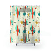 Atomic Cat, Mid Mod Cat Shower Time Franciscan Pattern Starburst Diamond, Fun Whimsical Mid Century Modern Shower Curtains Home Decor 71" × 74"