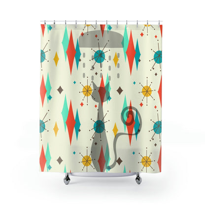 Atomic Cat, Mid Mod Cat Shower Time Franciscan Pattern Starburst Diamond, Fun Whimsical Mid Century Modern Shower Curtains Home Decor 71&quot; × 74&quot;